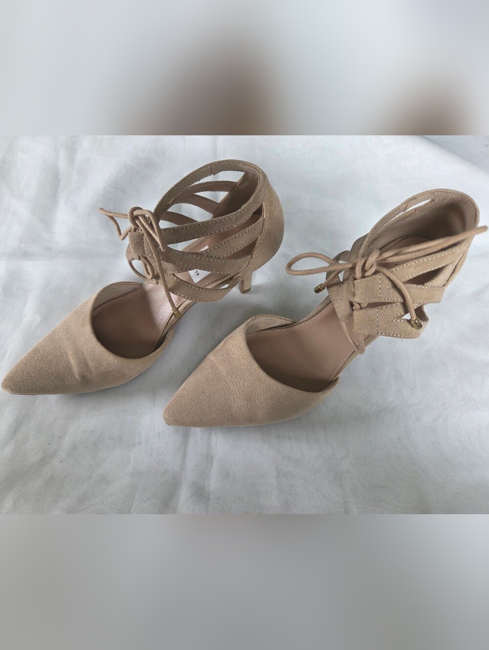 Lace-Up Pointed-Toe Heels‎ in Beige